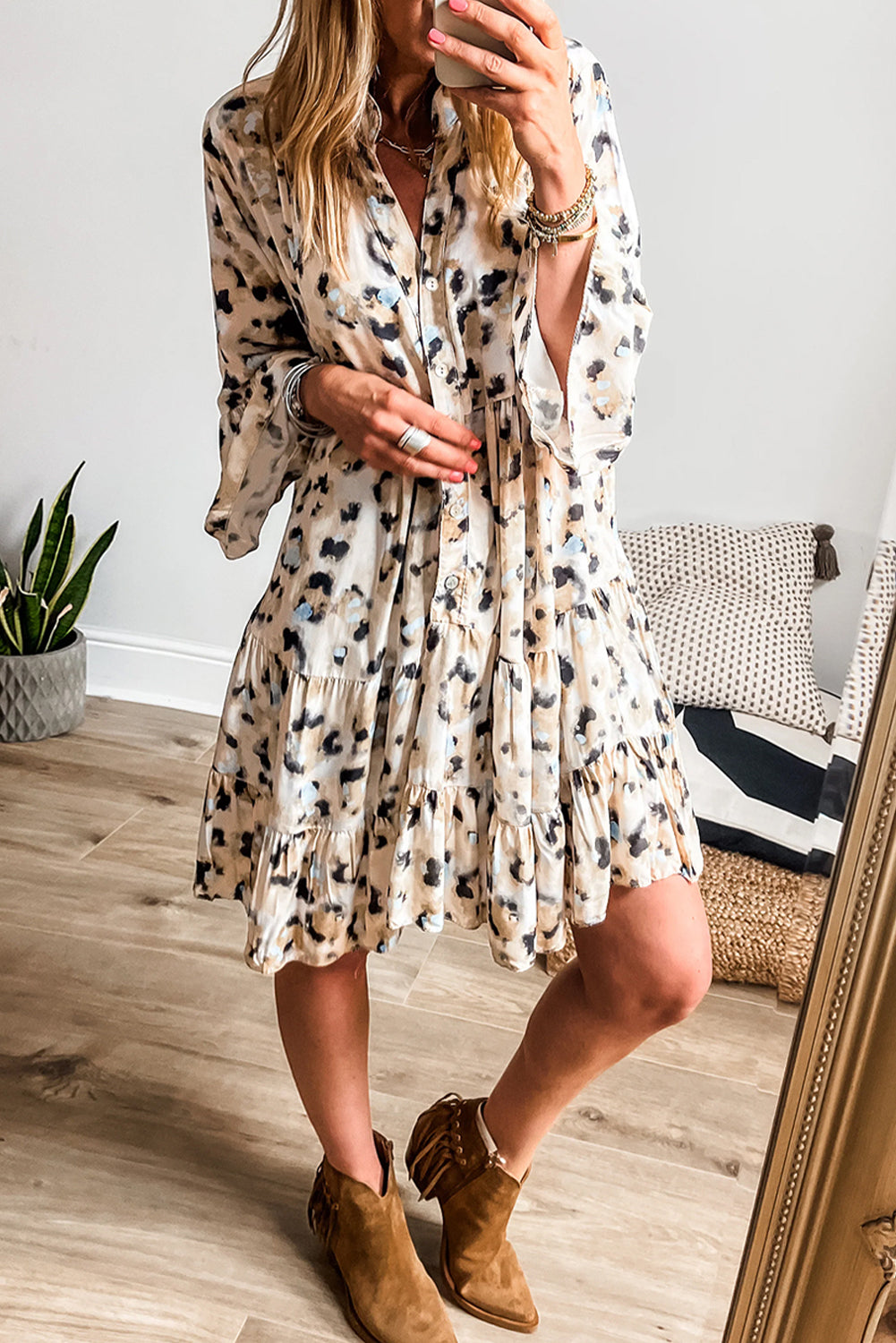 Leopard Button V Neck Flowy Mini Dress