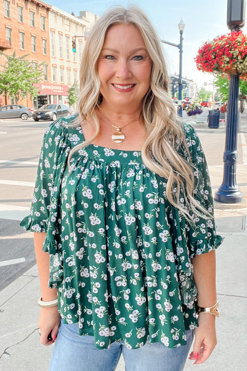 Green Floral Print Square Neck Ruffle Trim Plus Size Blouse