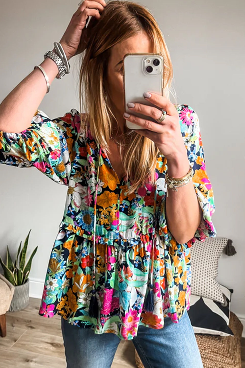 Multicolour Boho Floral V Neck Lantern Sleeve Blouse