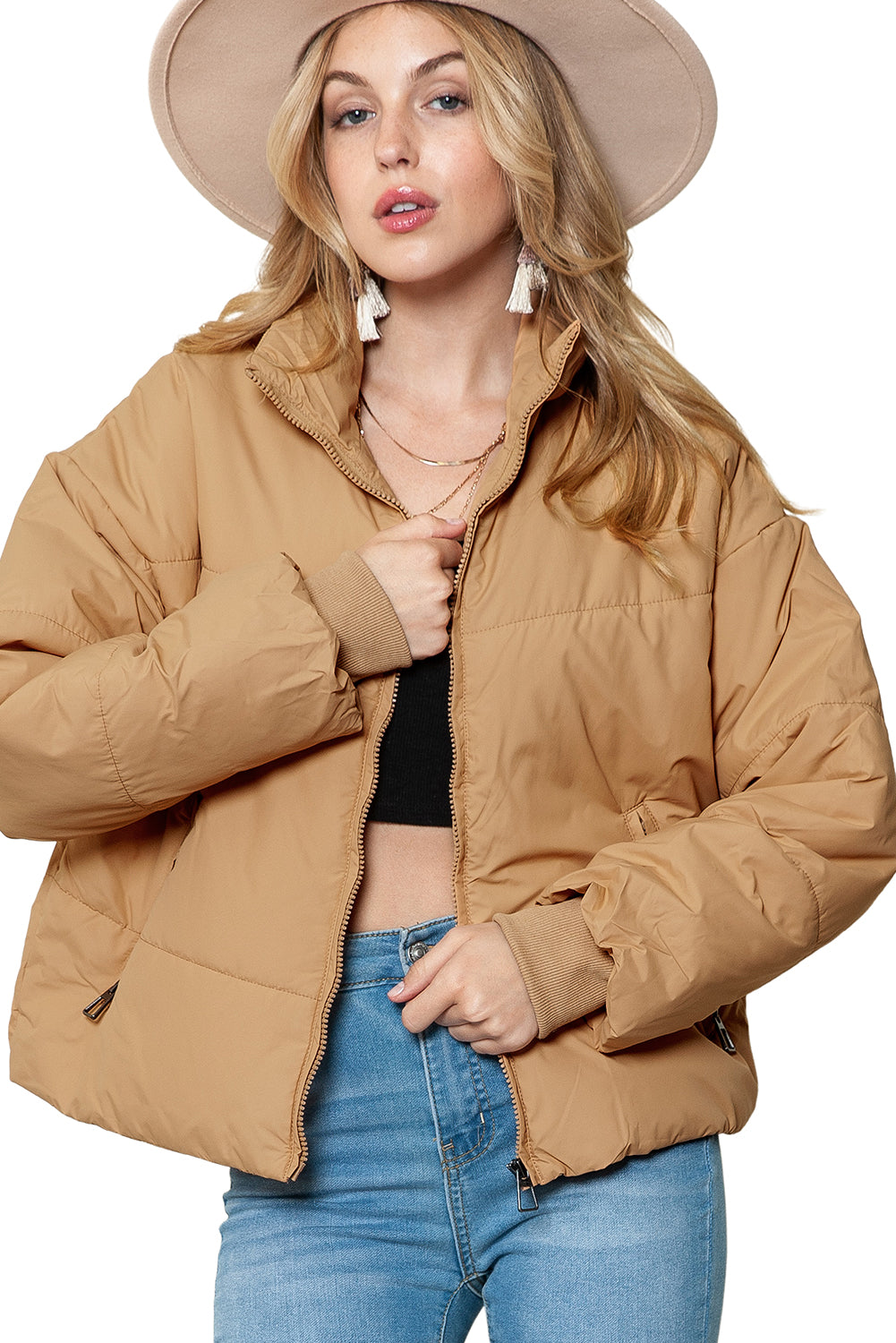 Solid Zip Up Pocketed Puffer Coat