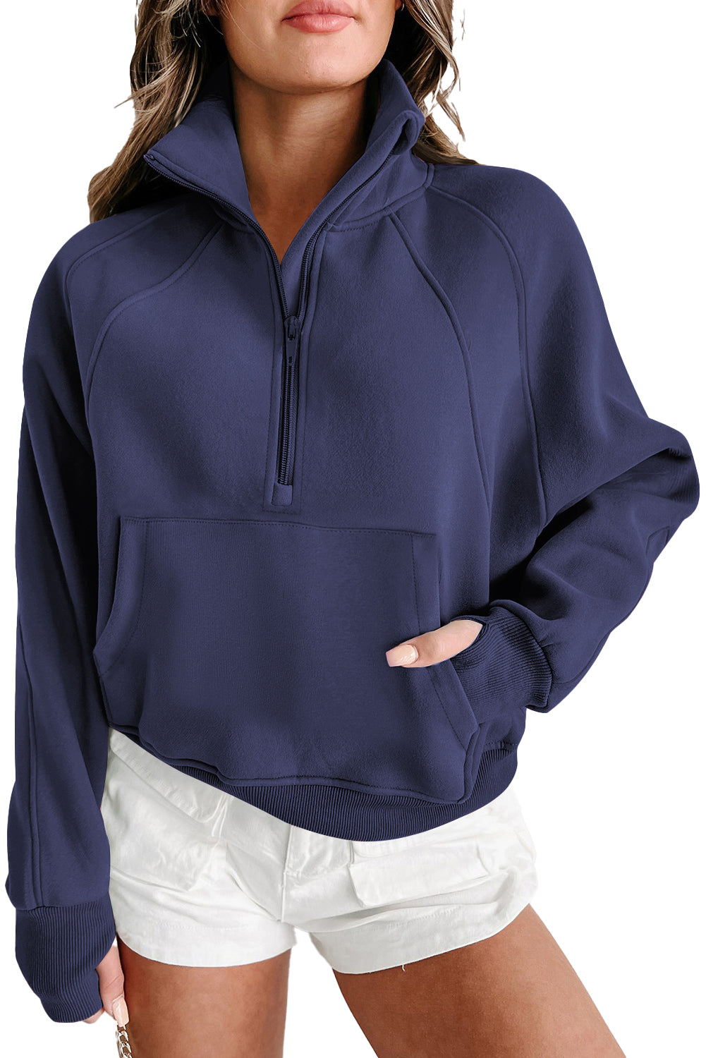 Zip Up Stand Collar Ribbed Thumbhole Sleeve Sweatshirt - 12 Colours Available