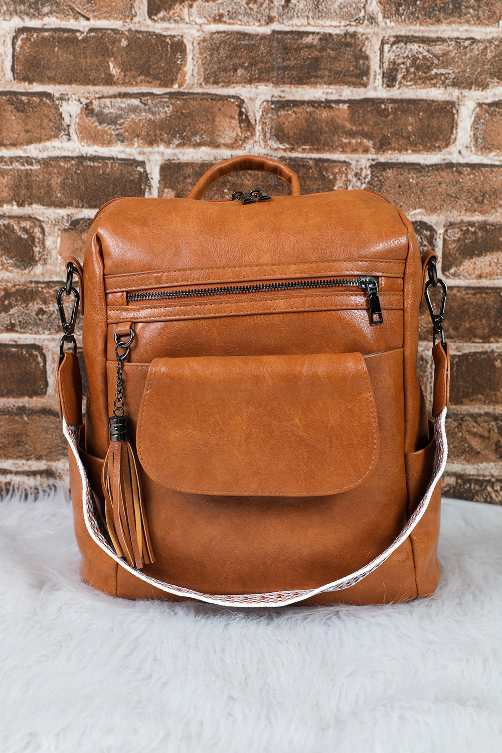 Brown Tassel Decor Retro PU Large Capacity Backpack