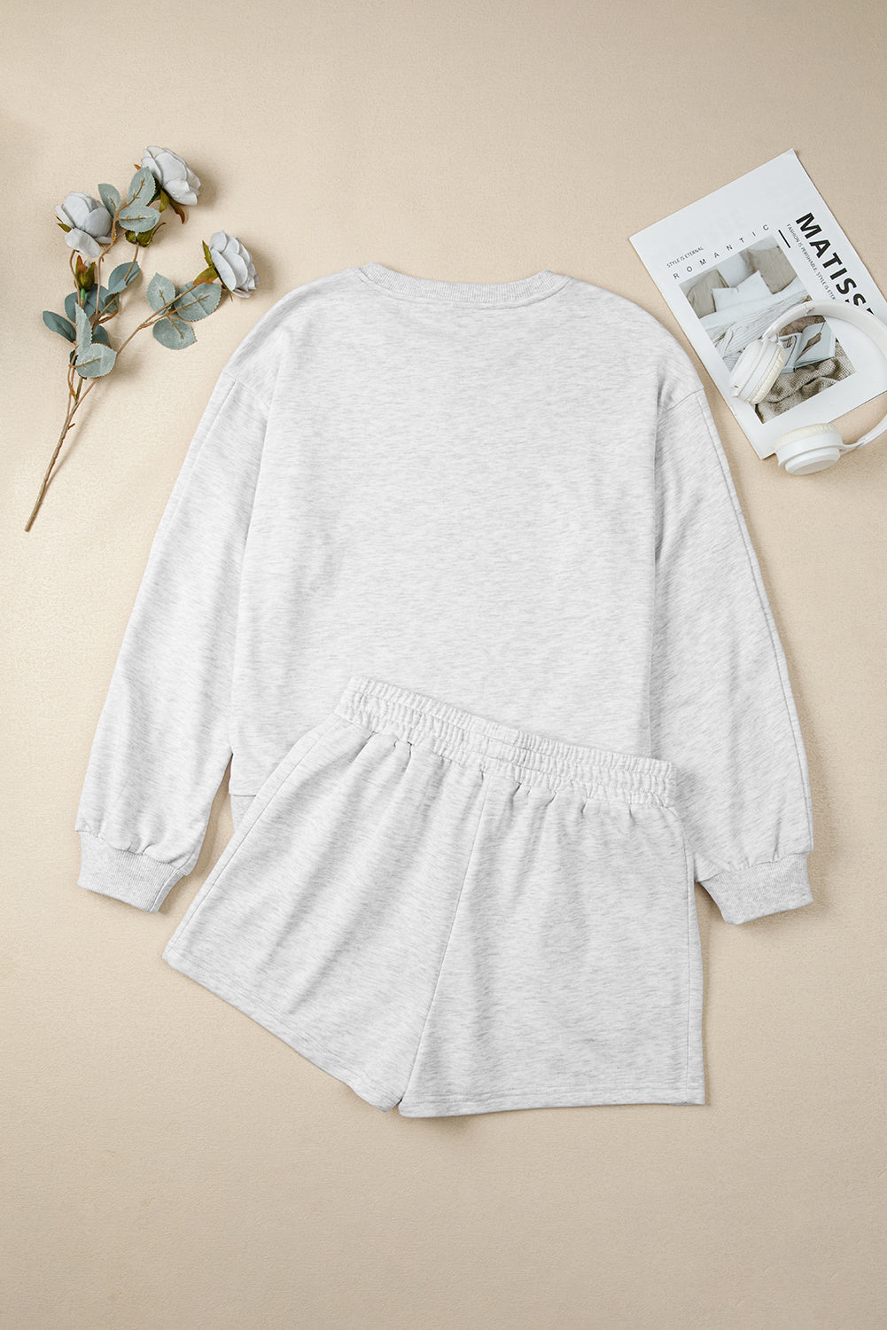 Bow Embroidery Long Sleeve Pullover and High Waist Shorts Set