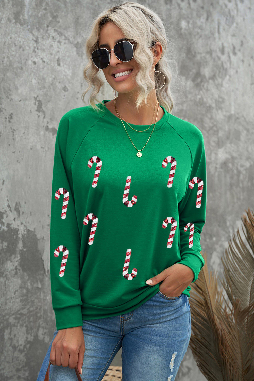 Green Sequin Christmas Candy Cane Sweatshirt