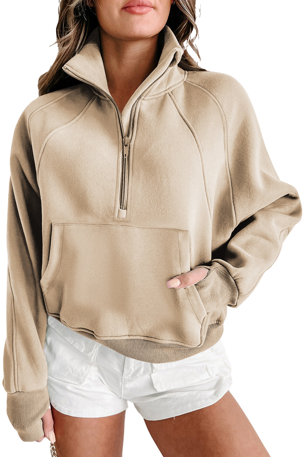 Zip Up Stand Collar Ribbed Thumbhole Sleeve Sweatshirt - 12 Colours Available