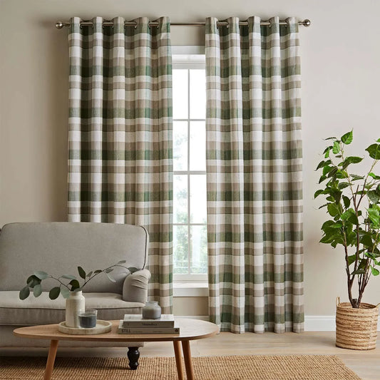 Green Brushed Cotton Thermal Check Eyelet Curtains - Catherine Lansfield