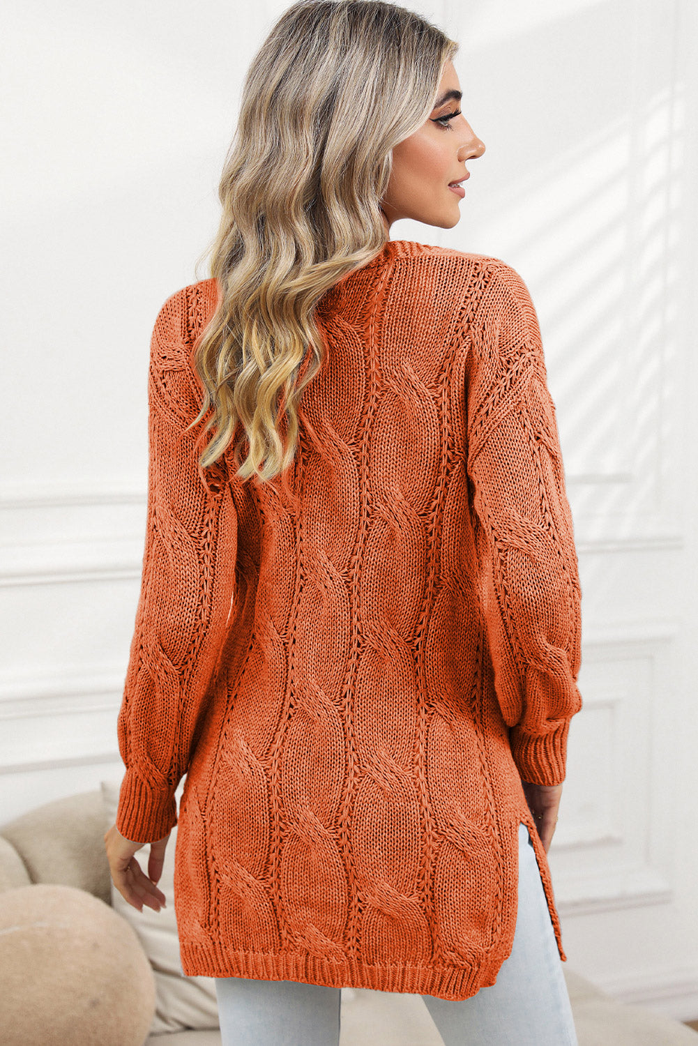 Red Ribbed Trim Hollow Knit Side Slits Cardigan