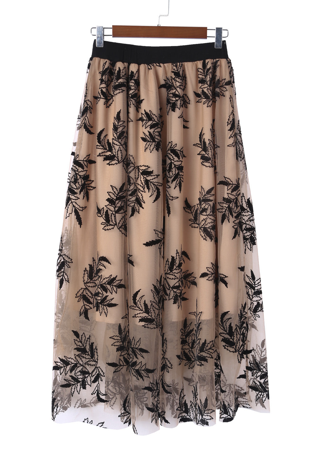 Peach Blossom Floral Leaves Embroidered High Waist Maxi Skirt