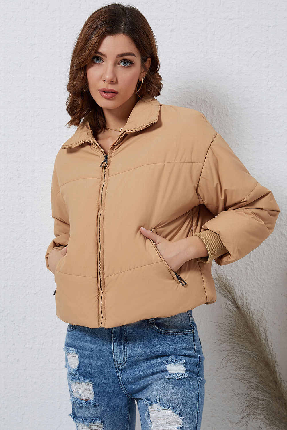 Solid Zip Up Pocketed Puffer Coat