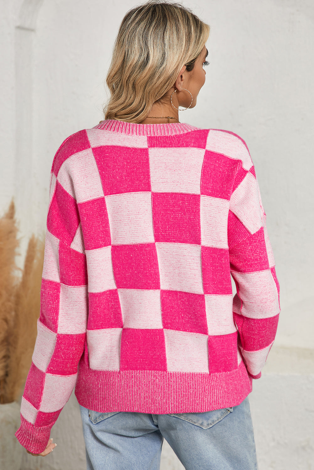 Checkered Buttoned V Neck Drop Shoulder Cardigan