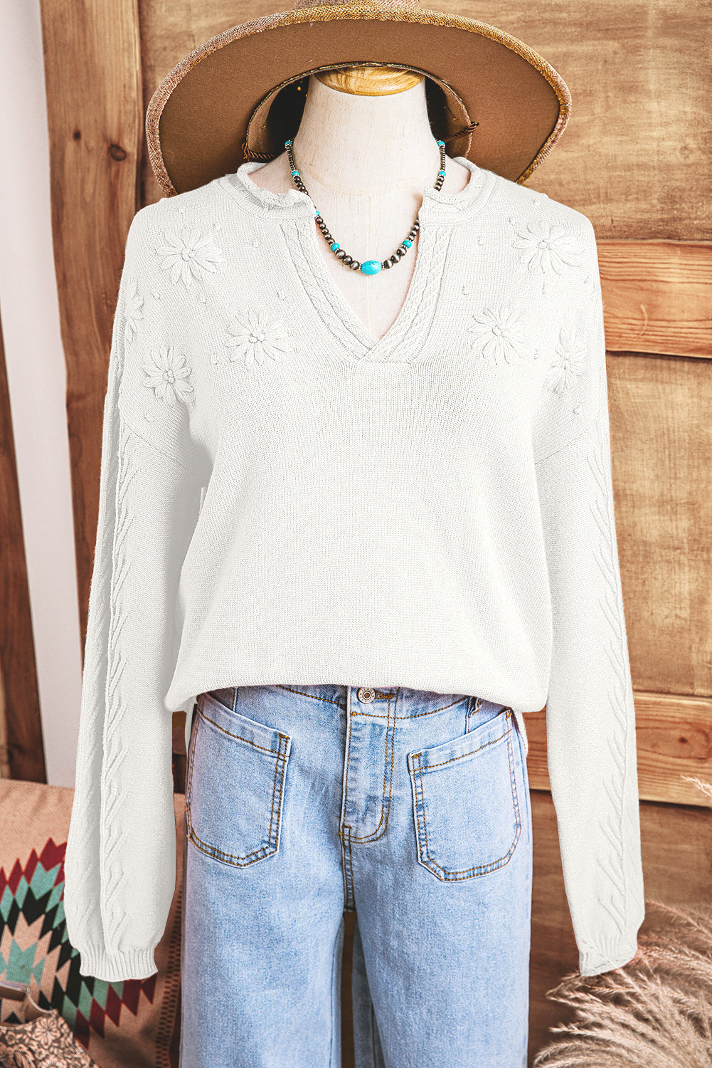 Flower Pattern Knitted Notched Neck Sweater