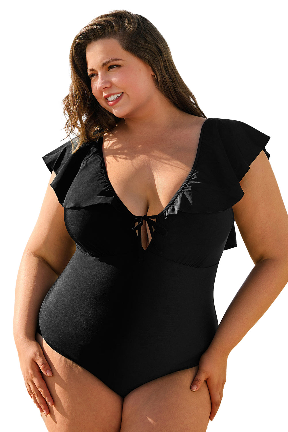 Black Ruffled Sleeve Lace-up V Neck Plus Size One Piece Swimsuit