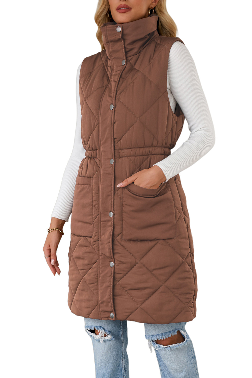 Puffer Quilted Stand Collar Pocketed Vest Coat