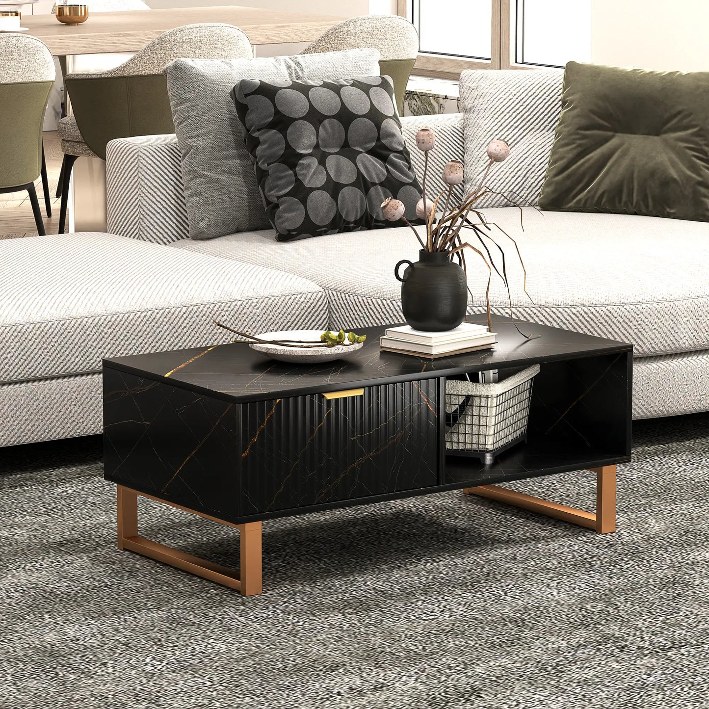Elegant Marble Effect Storage Coffee Table - Black