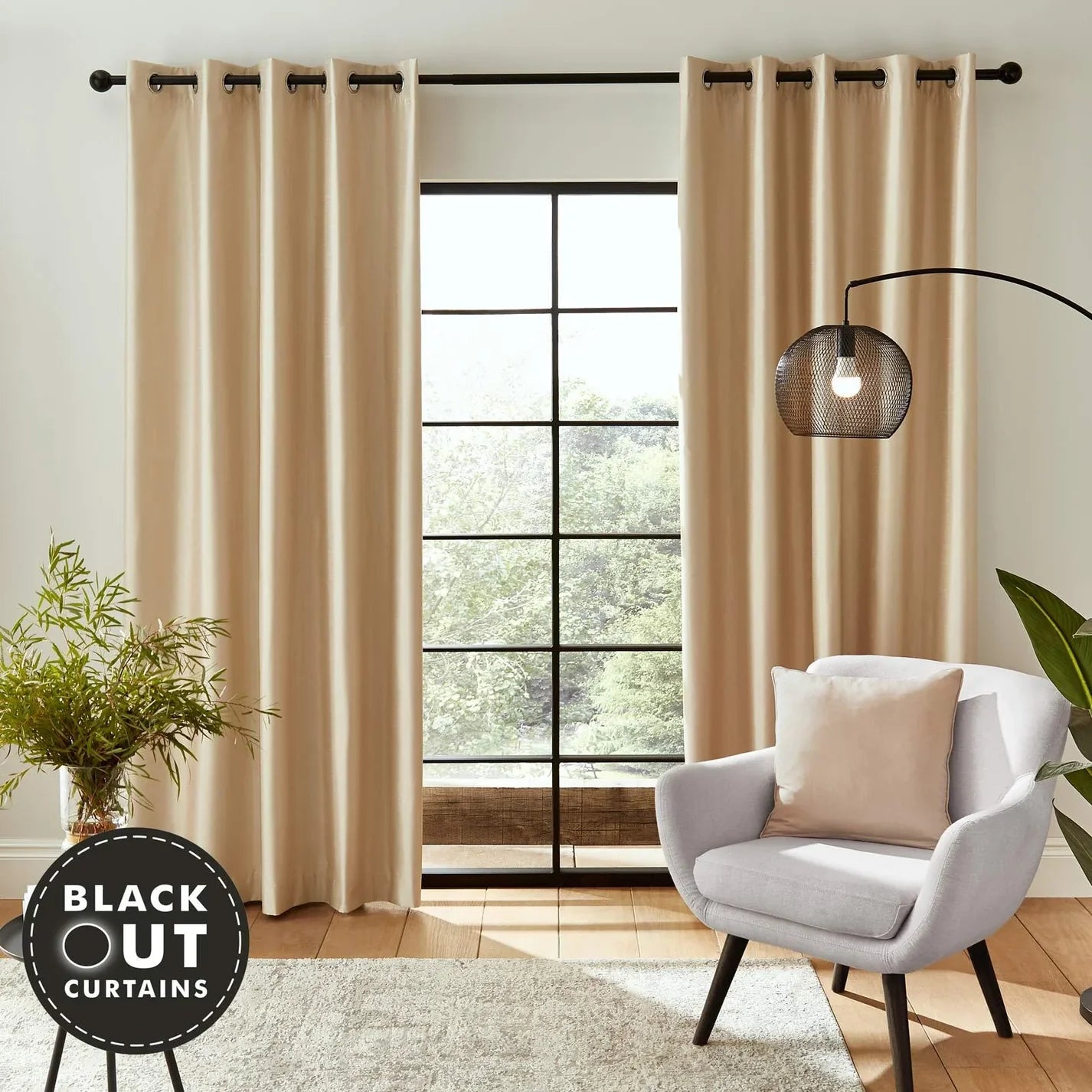 Champagne Faux Silk Blackout Eyelet Curtains - Catherine Lansfield