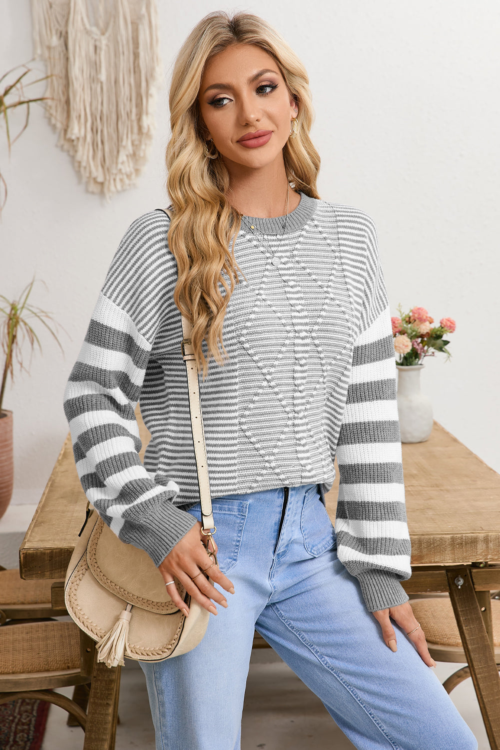 Stripe Twisted Knitted Drop Shoulder Sweater