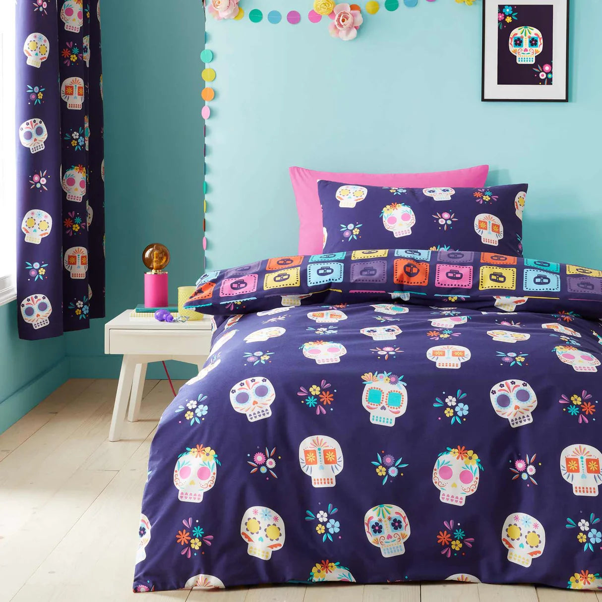 Sugar Skull Fiesta Reversible Duvet Cover Set in Purple by Catherine Lansfield