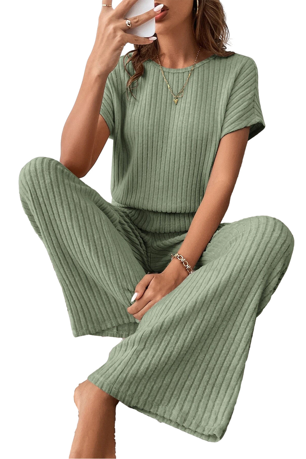 Solid Color Ribbed Short Sleeve Wide Leg Jumpsuit