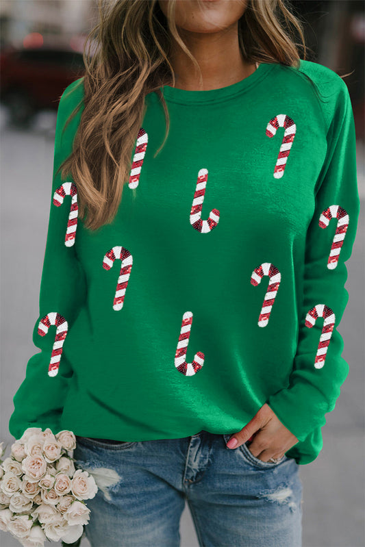 Green Sequin Christmas Candy Cane Sweatshirt