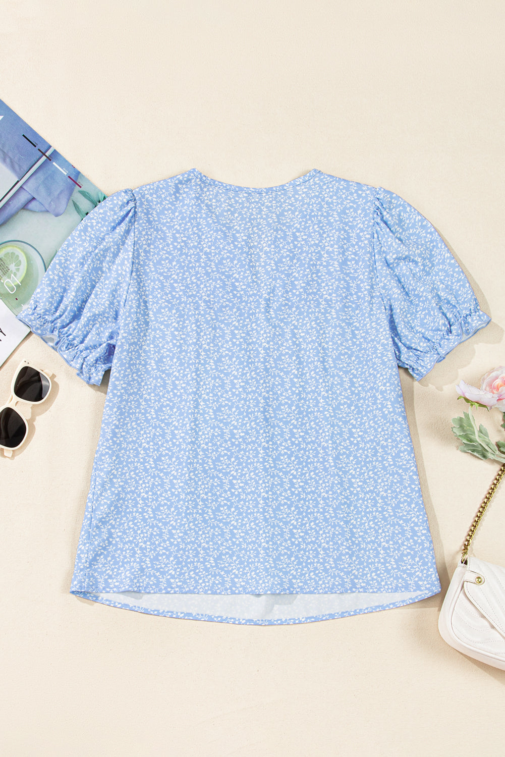 Sky Blue Floral Embroidered Notched V Neck Puff Sleeve Blouse