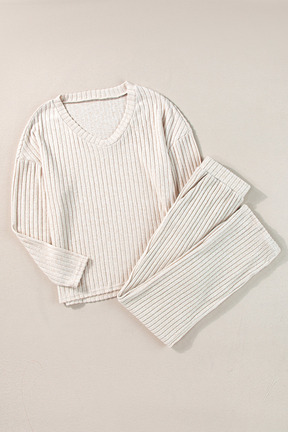 Slouchy Ribbed Knit V Neck Top & Pants Loungewear Set