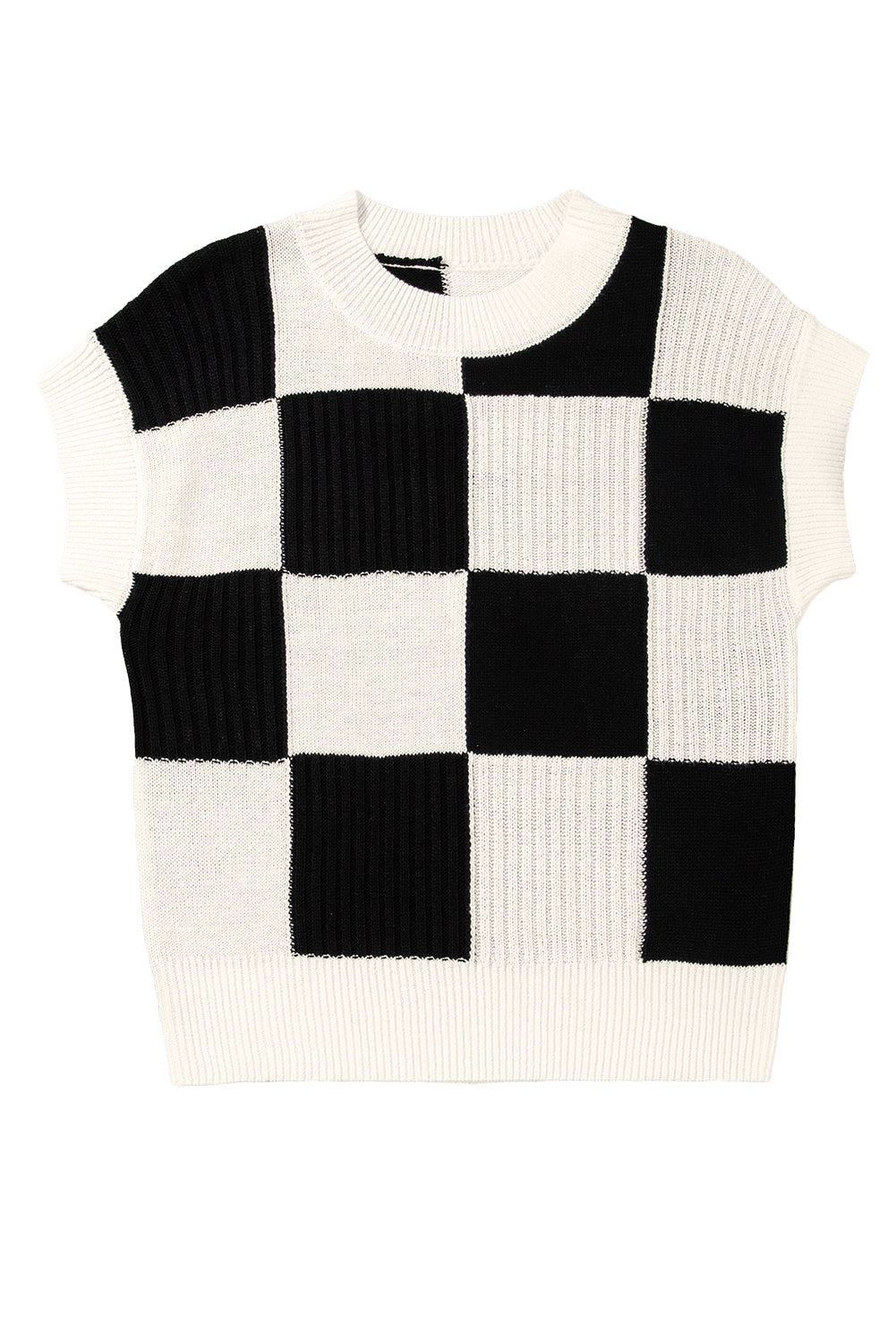 Checkered Color Block Crew Neck Short Sleeve Sweater