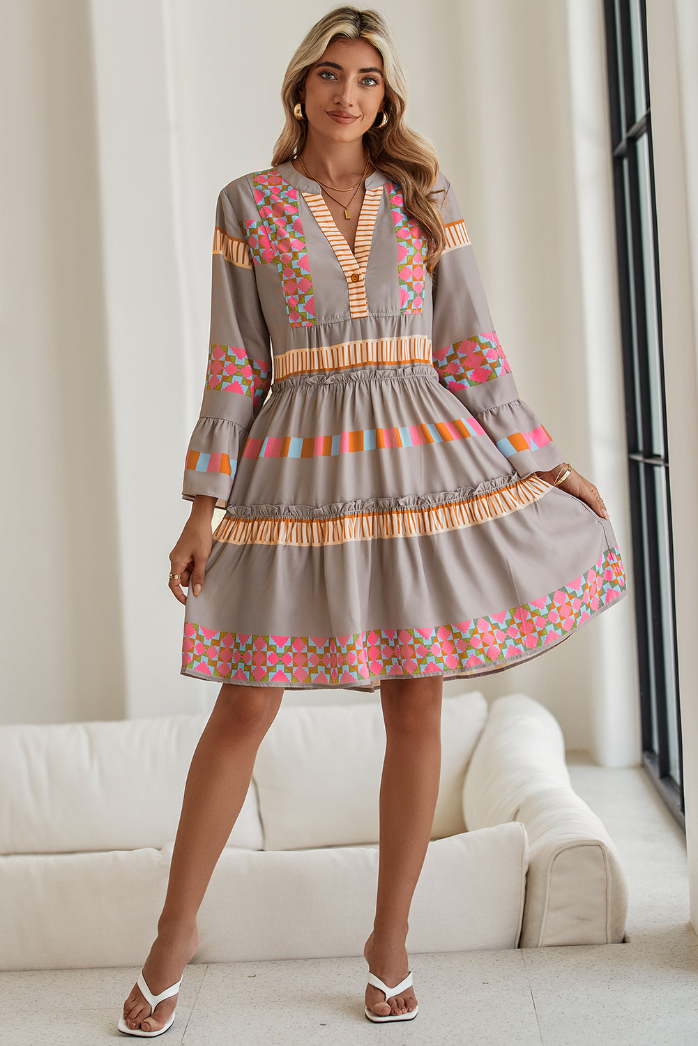 Simply Ethnic Geometric Print Ruffle Mini Dress