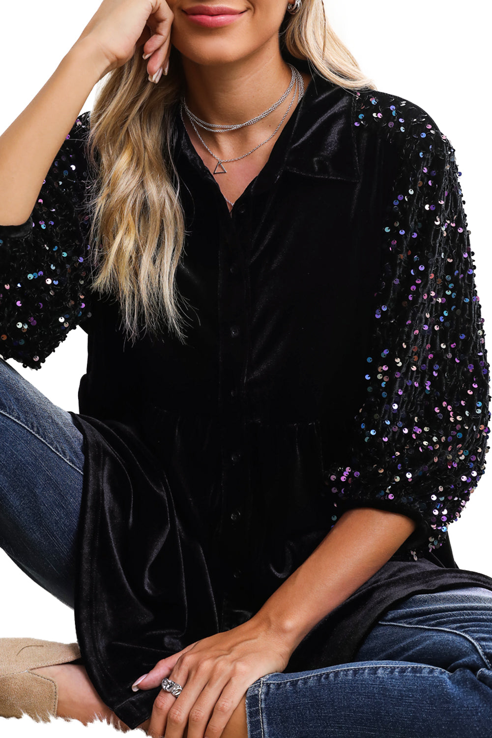 Black Velvet Sequin Puff Sleeve Button Babydoll Blouse