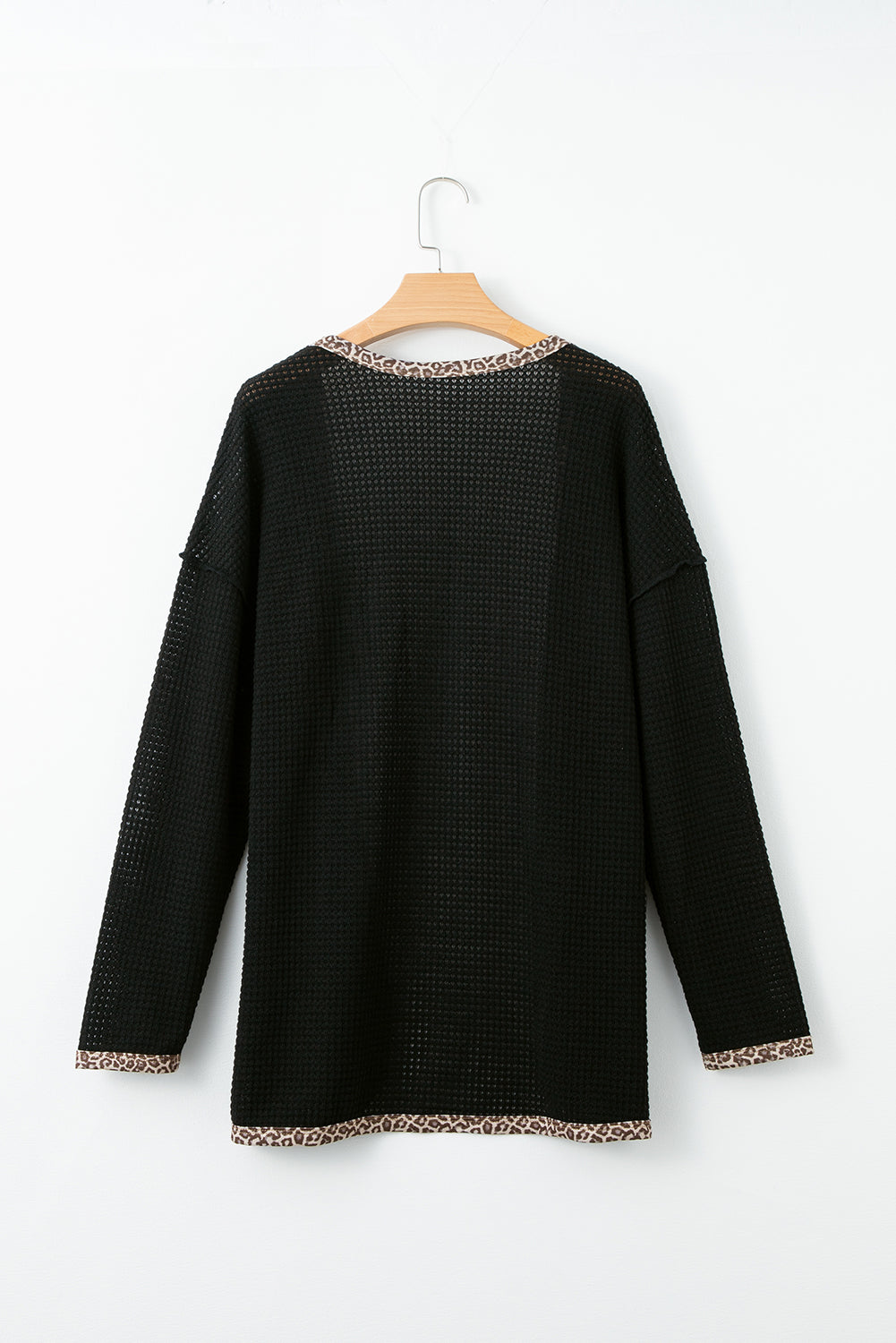 Black Waffle Knit Leopard Contrast Open Front Cardigan