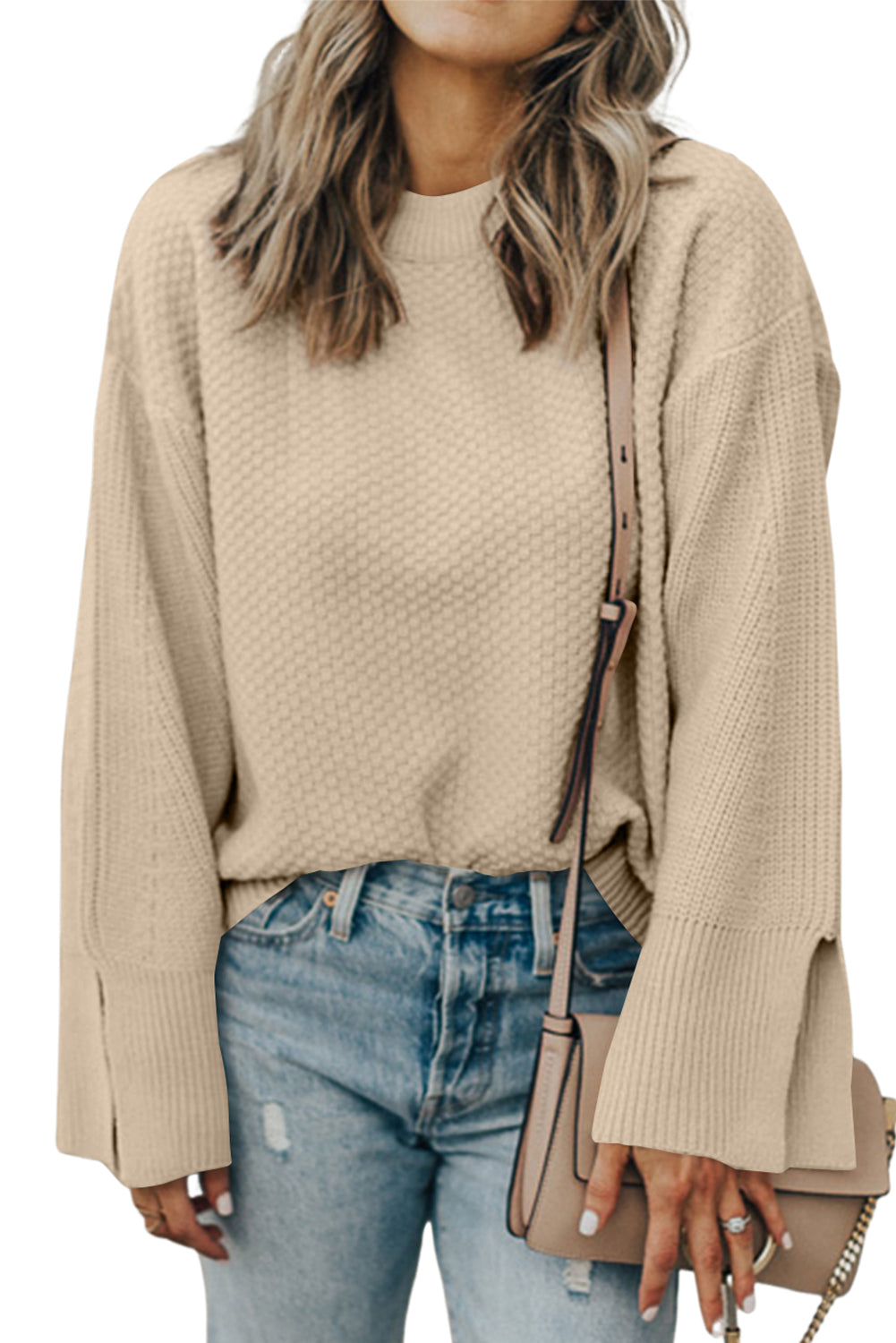 Textured Knit Split Cuff Drop Shoulder Loose Sweater