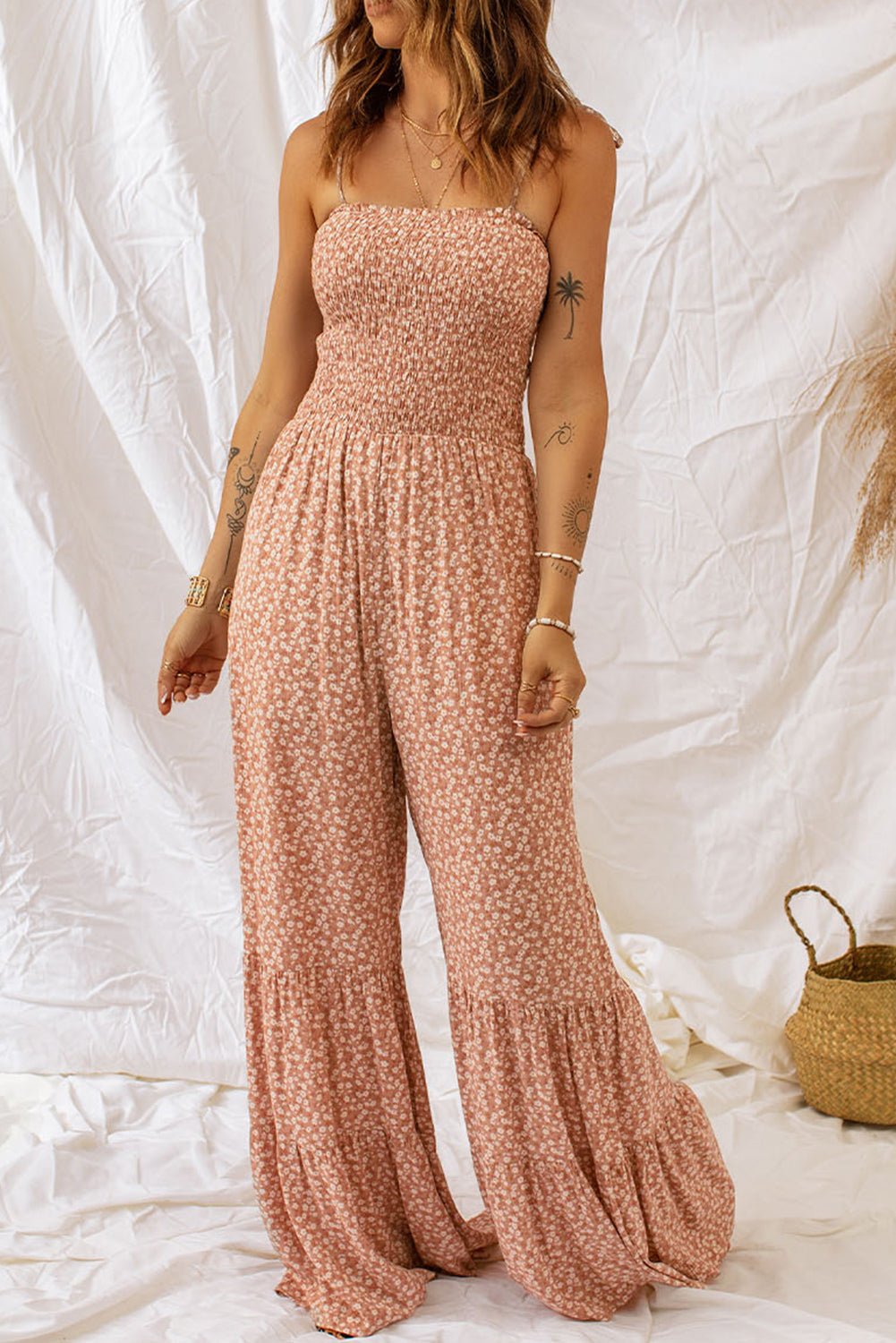 Floral Print Spaghetti Straps Smocked Wide Leg Jumpsuit