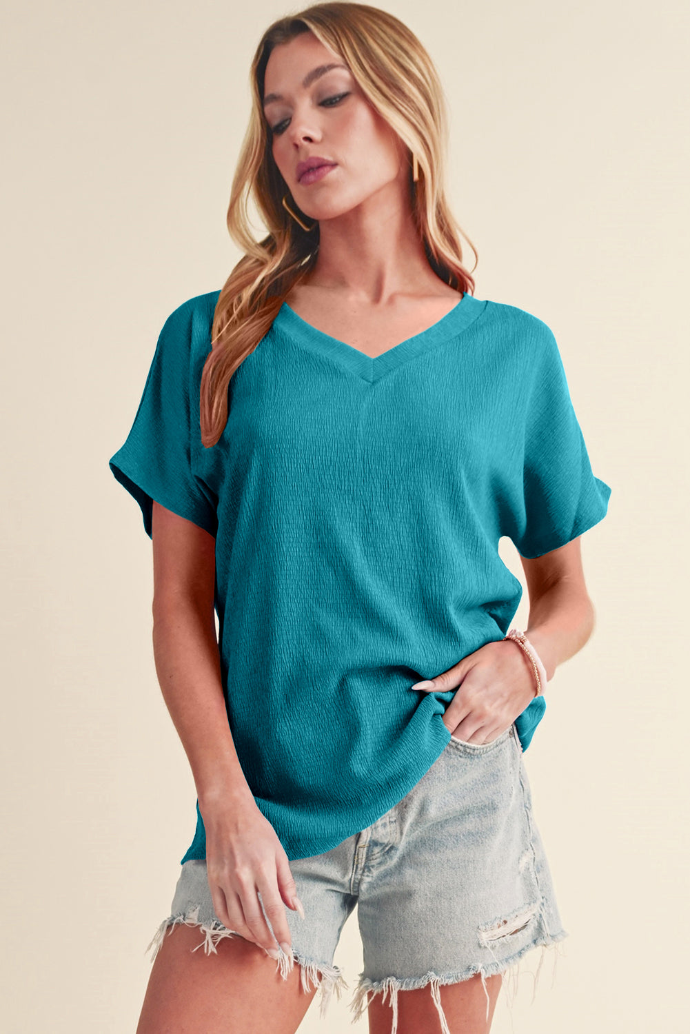 Plain Crinkled V Neck Flounce Sleeve T Shirt