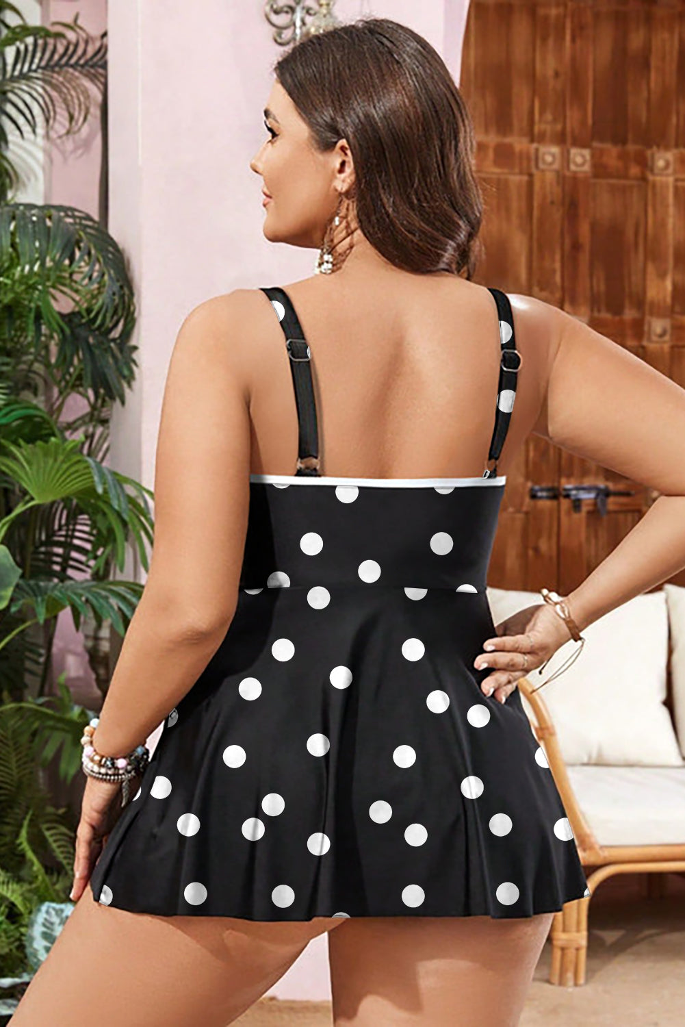 Black Polka Dot Trim V Neck Plus Size Swim Dress