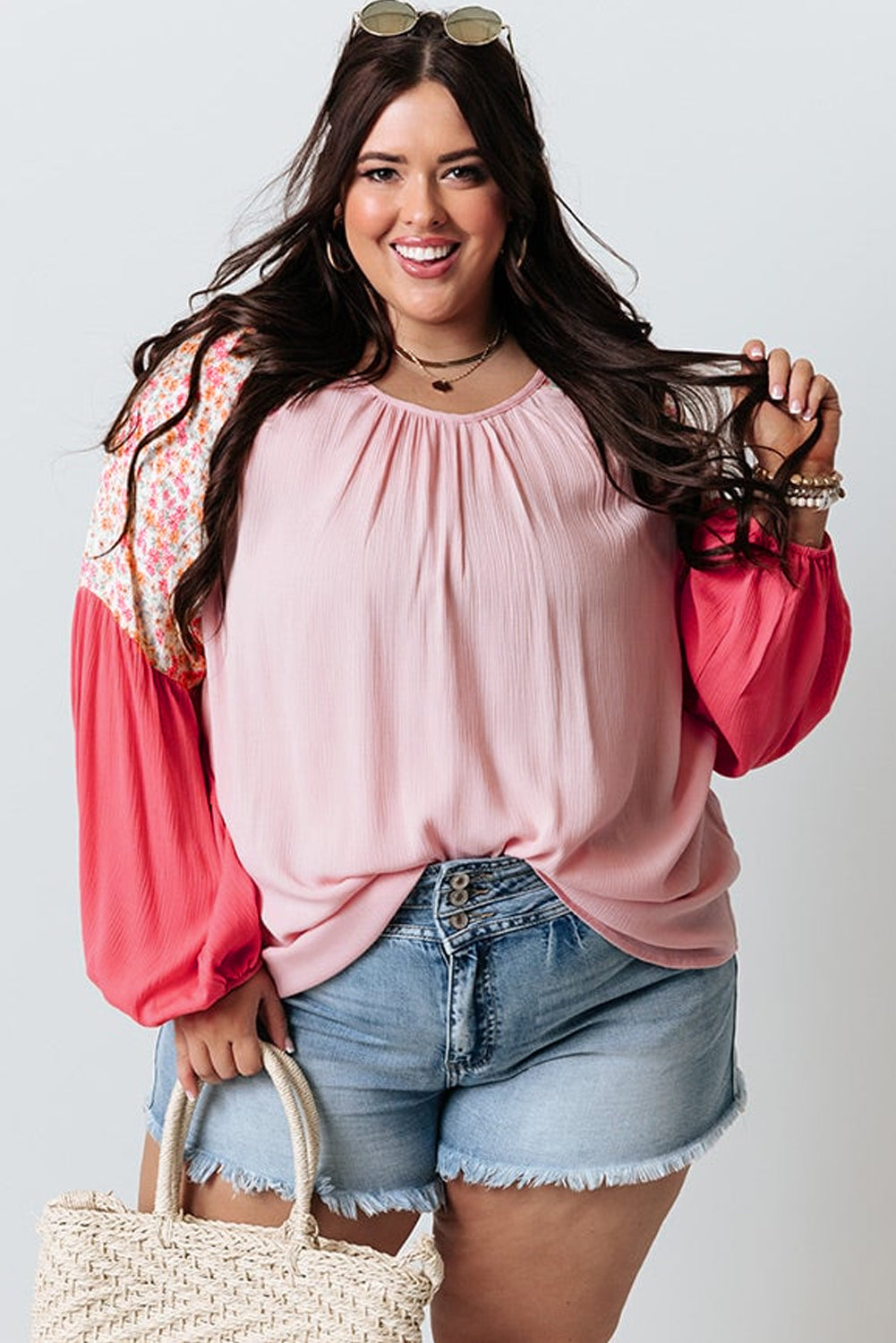 Pink Floral Patchwork Long Sleeve Crinkle Plus Size Blouse