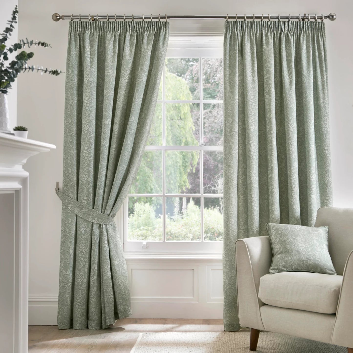 Aveline Pencil Pleat Curtains with Tie-Backs by D&D in Green