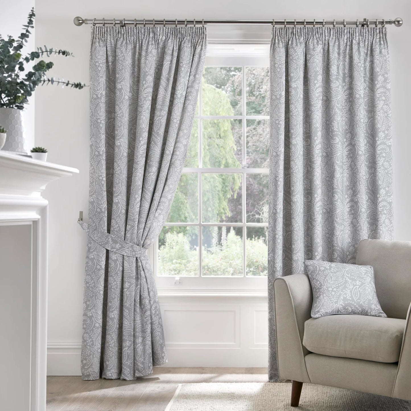 Aveline Pencil Pleat Curtains with Tie-Backs by D&D in Grey