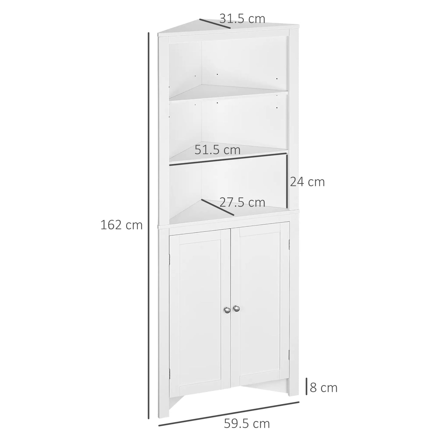 White Triangle Corner Bathroom Storage Unit with Cupboard and 3-Tier Shelves
