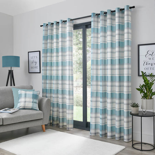 Balmoral Check Eyelet Curtains by Fusion in Duck Egg