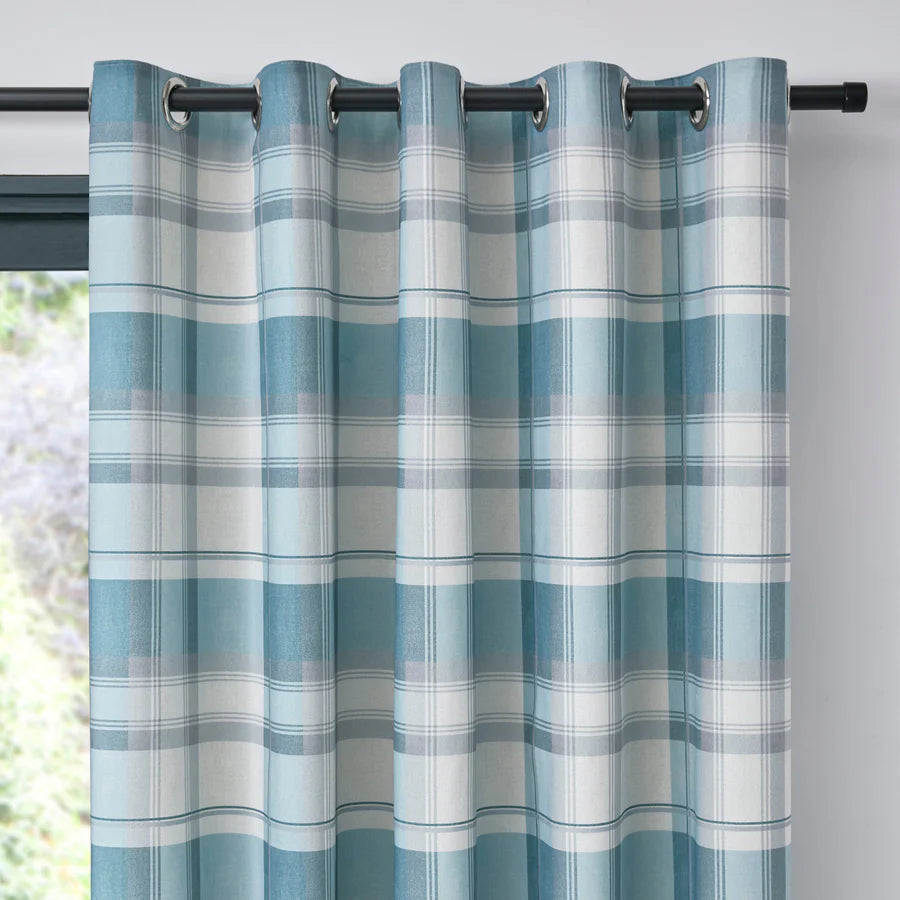 Balmoral Check Eyelet Curtains by Fusion in Duck Egg