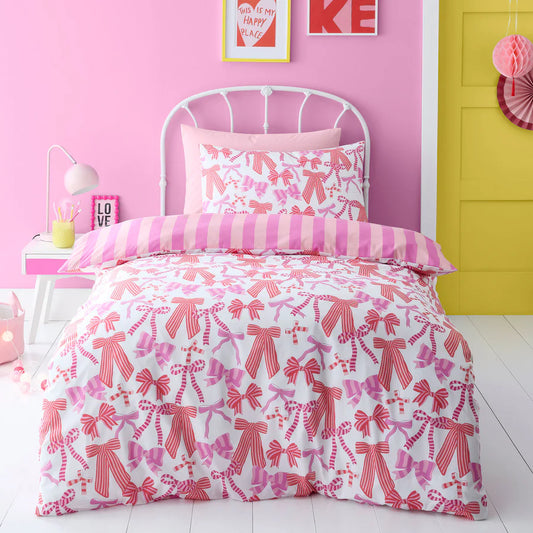 Bow and Stripes Duvet Cover Set by Bedlam in Pink