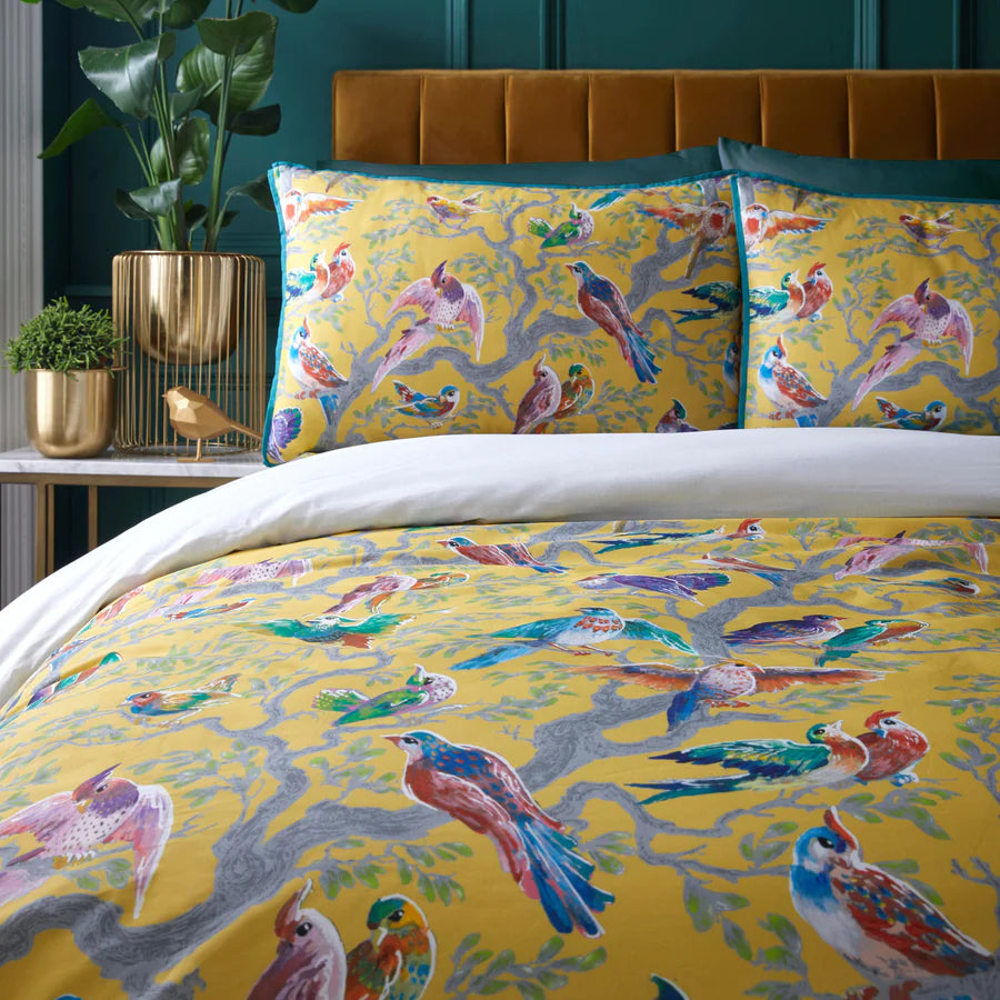 Birdity Absurdity 100% Cotton Sateen Duvet Cover Set by Laurence Llewelyn-Bowen in Yellow