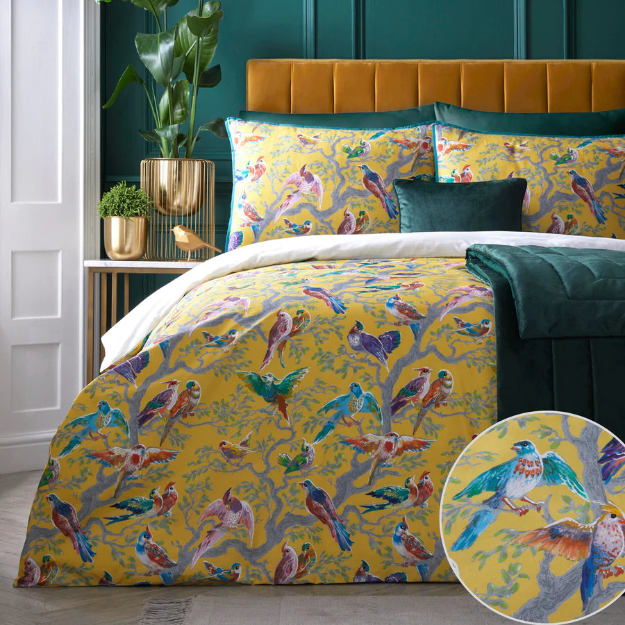 Birdity Absurdity 100% Cotton Sateen Duvet Cover Set by Laurence Llewelyn-Bowen in Yellow