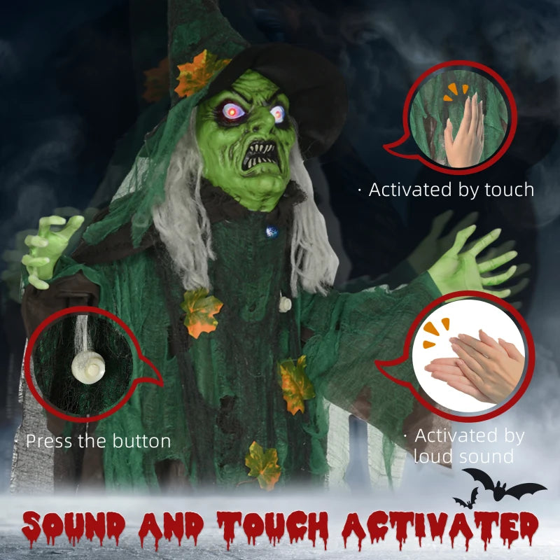 6ft Halloween Witch Decoration - Activated Prop with Light Up Eyes Magical Heart, Sound Activated
