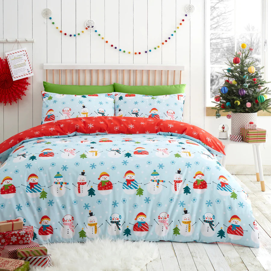 Christmas Snowman Duvet Cover Set by Fusion in Duck Egg