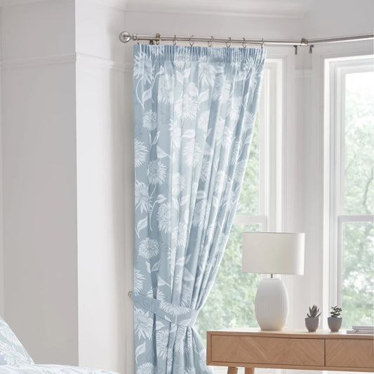 Chrysanthemum Pencil Pleat Curtains With Tie-Backs by Dreams & Drapes Design in Blue