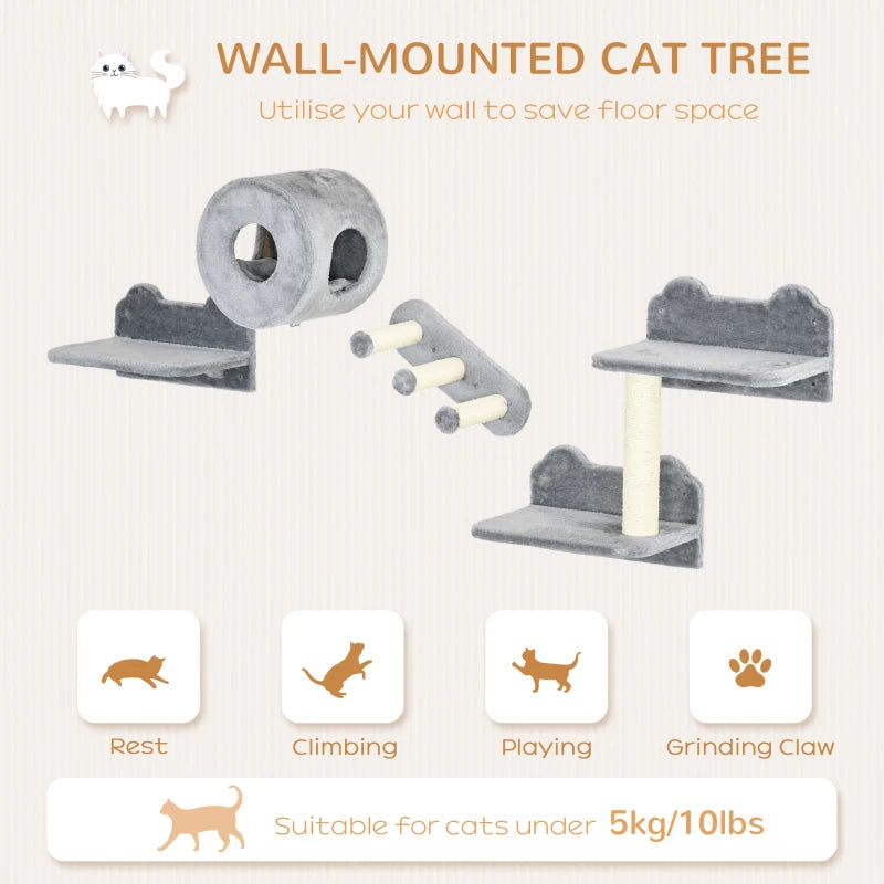 4PCs Wall-Mounted Cat Tree, with Steps, Perch, Cat House - Grey