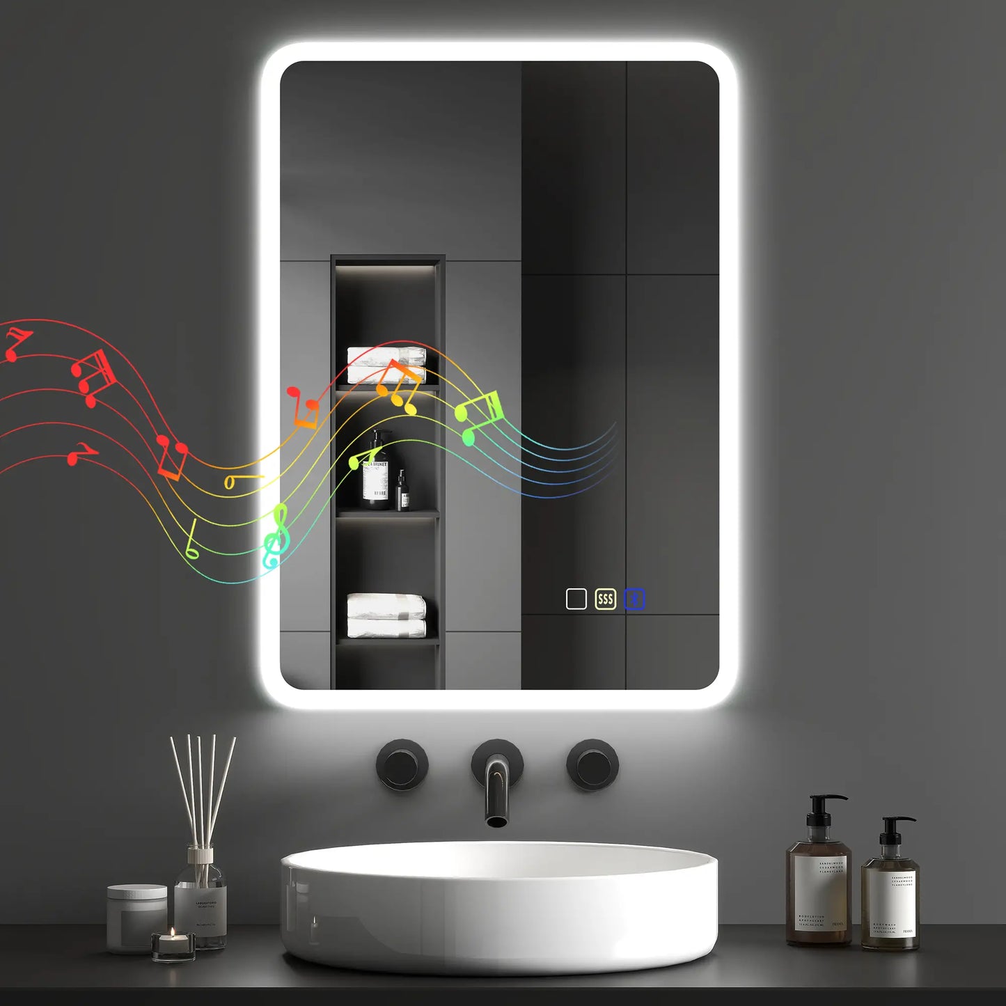 Backlit Illuminated Bathroom Mirror with LED Lights and Bluetooth - Silver Tone