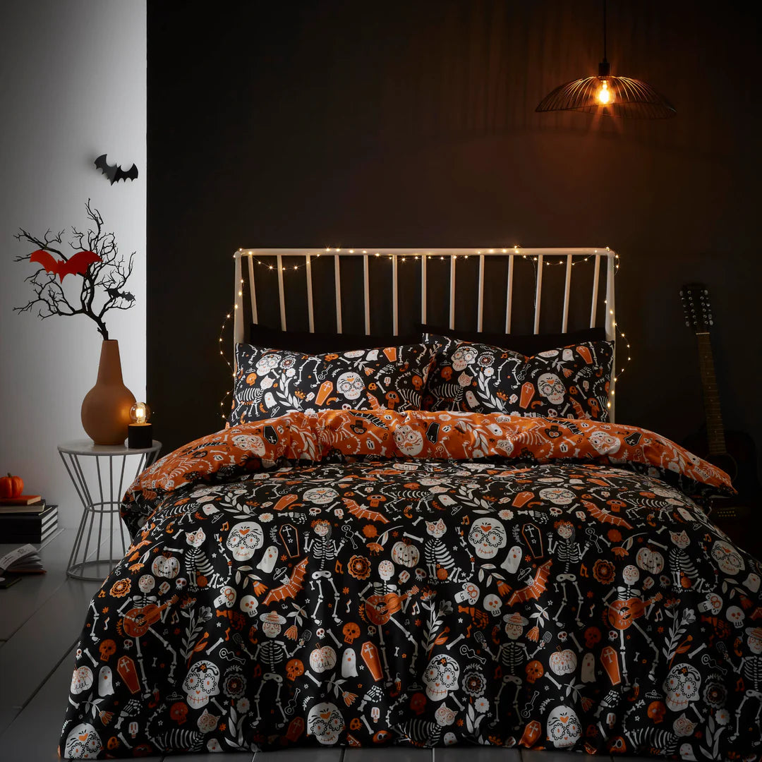 Halloween Day of the Dead Duvet Cover Set  by Bedlam in Black/Orange