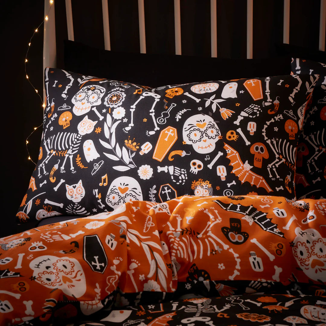 Halloween Day of the Dead Duvet Cover Set  by Bedlam in Black/Orange