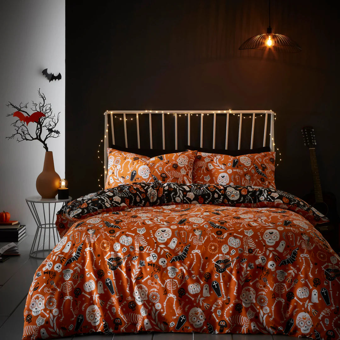 Halloween Day of the Dead Duvet Cover Set  by Bedlam in Black/Orange